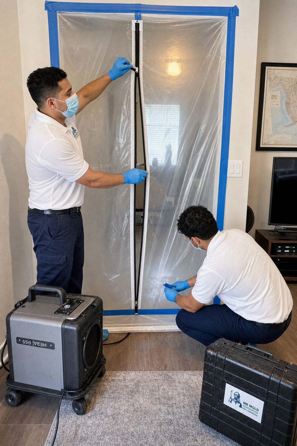 Two technicians installing a negative-pressure plastic containment barrier in a Fort Lauderdale home